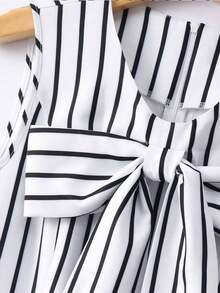 Vestido mini elegante sin mangas con cuello redondo, lazo en la cintura y lazada para mujer - Blanco y Negro - Ver 8