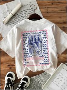 Women's Vintage Nautical Print T-Shirt - Double-Sided Sardine And Wave Print, Short Sleeve, Suitable For Spring, Summer And Autumn, Casual Crew Neck Sardine Top, Machine Washable, Wardrobe Essential - Ladies T-Shirt - White - View 3