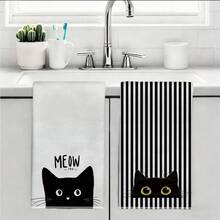 2 buah Handuk Dapur Mikrofiber Super Lembut Motif Kucing Hitam & Garis-garis Lucu, Ukuran Persegi Panjang 40*60cm, Kain Lap Piring, Handuk Tangan, Dekorasi Dapur & Rumah, Hadiah Pindah Rumah, Cocok Untuk Dapur Dan Kamar Mandi, Sangat Cocok Untuk Ibu Rumah Tangga Dan Pertemuan Keluarga, Perlengkapan Rumah Tangga Berkualitas Tinggi dan Hemat Biaya - Hitam dan Putih - View 11