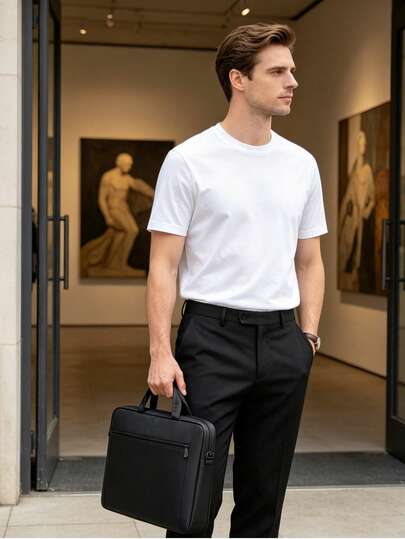 Men's Solid Color Business Briefcase, Large Capacity Commuter Laptop Bag, One Shoulder Crossbody Tote Bag