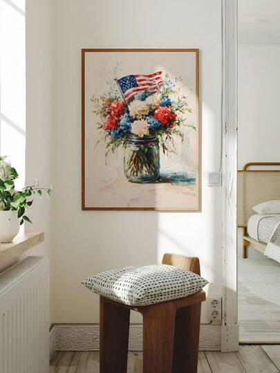 1pc, Canvas Wall Art, Framed Wall Decor, "July 4th" Floral Oil Painting, Patriotic Red, White, And Blue Floral American Flag Canvas Wall Art, Vintage Farmhouse-Style Independence Day Art, Rustic Wall Decor, Suitable For Kitchens, Dining Rooms, Living Rooms, Bedrooms, Porches, Patios, Entryways, Cabins