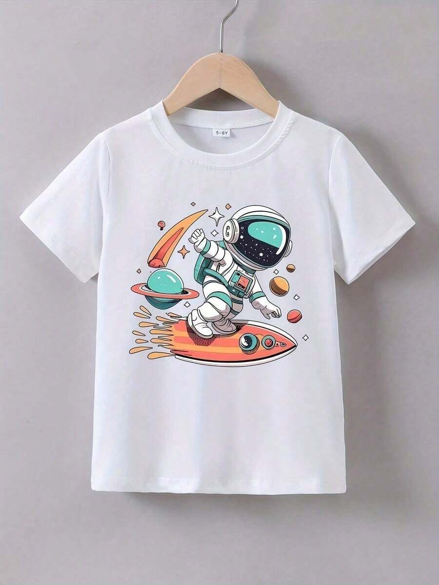 Boys' T-Shirt With Rocket And Astronaut Print, Short Sleeves, And Casual Fit. Ideal For Everyday Wear In The Summer. 100% Cotton - 白色 - 查看 1