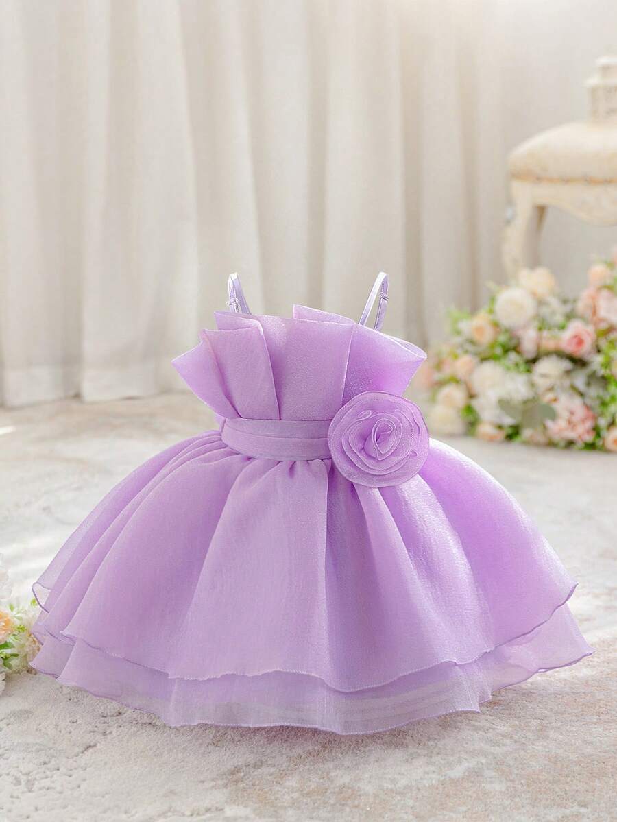 女嬰細肩帶3D花朵可愛生日派對公主裙,適合花童婚禮,不含髮箍 - 淡紫色 - 查看 1