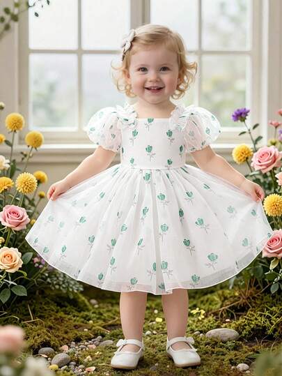 Baby Girls' Square Neck Floral Print Bowknot Back Organza Cute Birthday Party Dress, Suitable For Wedding, Banquet, Evening Party, Celebration, Excluding Headband