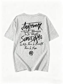 Japanese Style Women's Loose Round Neck Minimalist Casual Letter Print Short Sleeve T-Shirt, Spring/Summer - Light Gray - View 8