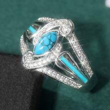 Minimalist Bohemian Synthetic Turquoise Inlaid Ring, Retro Fashion Versatile For Daily, Casual, Party Wear, Women's Anniversary Jewelry - Silver - View 9
