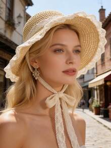 1 pieza Sombrero de sol ancho con borde de encaje estilo bohemio para mujer con cinta para atar, protección UV para verano, plegable y portátil, multiusos para playa, viajes, vacaciones y festivales - Multicolor 2 - Ver 3