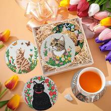 8件套可爱小猫DIY钻石画杯垫套装，圆形闪亮钻石表面，强力背胶，工具齐全，适合初学者，减压手工，新年、情人节、圣诞节、教师节礼物，家居装饰杯垫，送给家人、朋友、女朋友、老师 - 彩色 - 查看 6