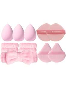 10PCS Multi-Purpose Makeup Tools Set Including Makeup Sponges, Air Cushion Puffs, Triangle Powder Puffs, Hairband & Hand Bowl Straps For Daily Face Makeup - Pink - View 1