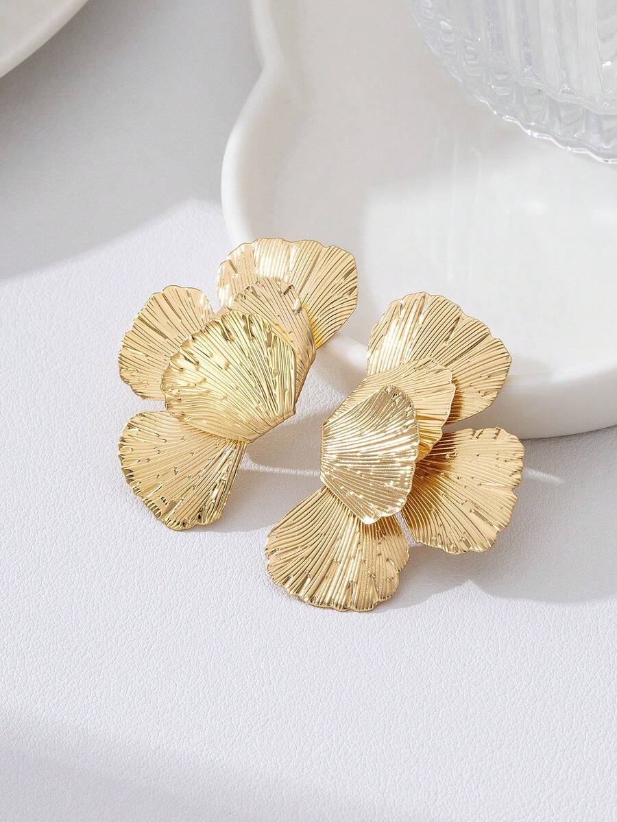 2 đôi bông tai đinh tán kim loại hình hoa và lá bất đối xứng thời trang, thích hợp để đeo hàng ngày, đi nghỉ mát, mùa hè. - Vàng - Xem 1