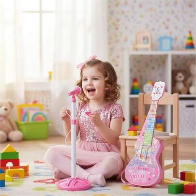 3+ Years Old Kids Guitar Microphone Toy Set - Adjustable Stand Karaoke Machine, Educational Simulated Music Toy With Lights And Music, Interactive Toy For Boys And Girls, Holiday Gift For Christmas, Halloween, Thanksgiving, Easter, Birthday, Children's Day
