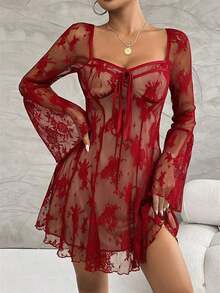 Vestido de línea A con cuello alto de encaje y adornos de diamantes, con mangas acampanadas, para primavera/verano y fiestas de Año Nuevo - Rojo 2 - Ver 4