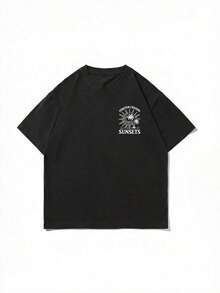 Men's Crew Neck T-Shirt With A Stylish Print, Perfect For Everyday Wear, Outings, Casual Occasions, Travel, And Family Gatherings. Men's Casual Short-Sleeve T-Shirt, Ideal For Vacations. | Minimalist Print With Palm Tree And Sun Design | Exquisite Design | Summer Essentials | Multifunctional And Stylish - 黑色 - 查看 4