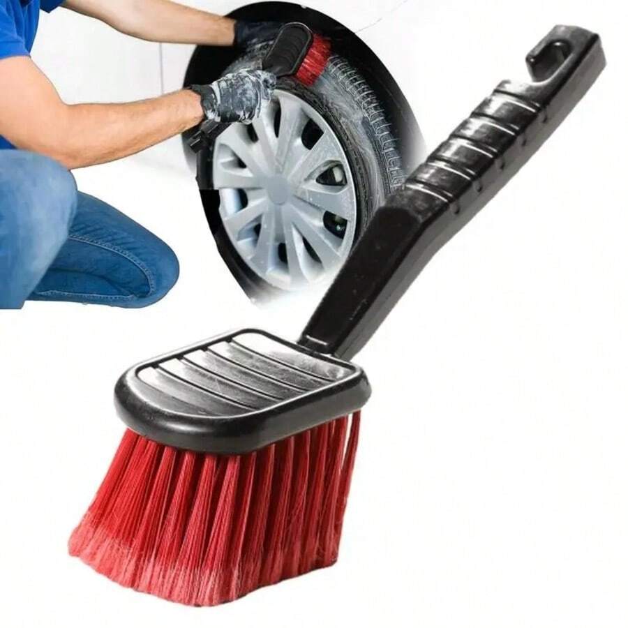 1 pieza Cepillo suave de cerdas para lavar el coche - Herramienta de limpieza de llantas y carrocería con mango largo y cabezal rojo para cubos de rueda - negro - Ver 1