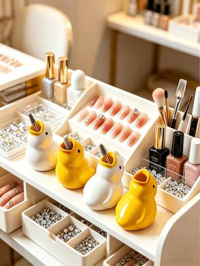 1pc Cartoon Duck Shaped Nail Drill Bit Storage Box, Mini Manicure Grinder Holder, Cute Nail Drill Bit Display Stand, Nail Art Tool Storage Box