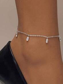 1件S925纯银长方形锆石吊坠脚链，闪亮设计，时尚小众，适合海滩、夏季度假、简约风格，可搭配户外休闲服饰，精致礼品。 - 長方形 - 查看 1