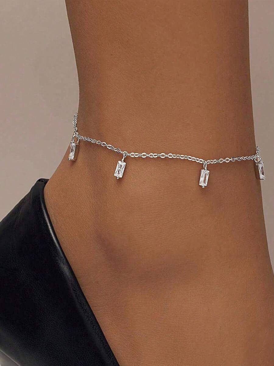 1件S925纯银长方形锆石吊坠脚链，闪亮设计，时尚小众，适合海滩、夏季度假、简约风格，可搭配户外休闲服饰，精致礼品。 - 長方形 - 查看 1