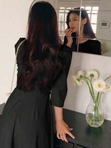 Vestido Formal de Oficina para Mujer, Cuello en V Cuadrado, Manga Abullonada, Cinturón en la Cintura, Vestido Midi Ajustado de Cintura Alta - Negro - Ver 5