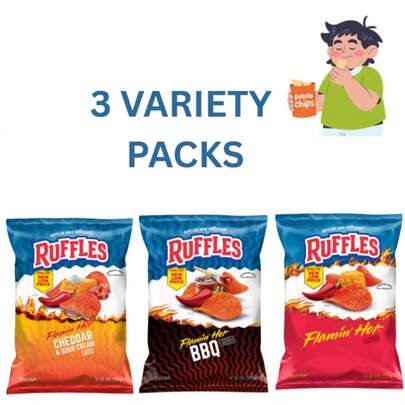  Ruffles Flamin' Hot Variety Pack – BBQ, Original Flamin' Hot & Cheddar Sour Cream Flavored Potato Chips, 8 Oz Bags, 3-Pack