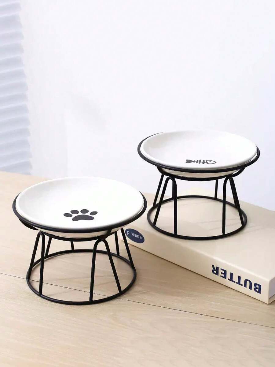 Bộ bát ăn và bát đựng thức ăn cho thú cưng cỡ lớn hình chân mèo và xương cá sáng tạo, kèm chân đế, làm bằng gốm sứ, dùng cho cả nước uống và thức ăn cho mèo, bộ bát ăn tiện dụng cho thú cưng. - 200 - Xem 1