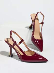 Sandalias rojas para mujer/Tacones altos burdeos versátiles de verano para mujer, Tacones altos de punta sólida de color para mujer, Elegantes tacones de aguja de punta abierta con correa trasera, Sandalias elegantes para mujer, Zapatos/sandalias de tacón de gatito casuales de fiesta de vacaciones de verano - Burdeos - Ver 5