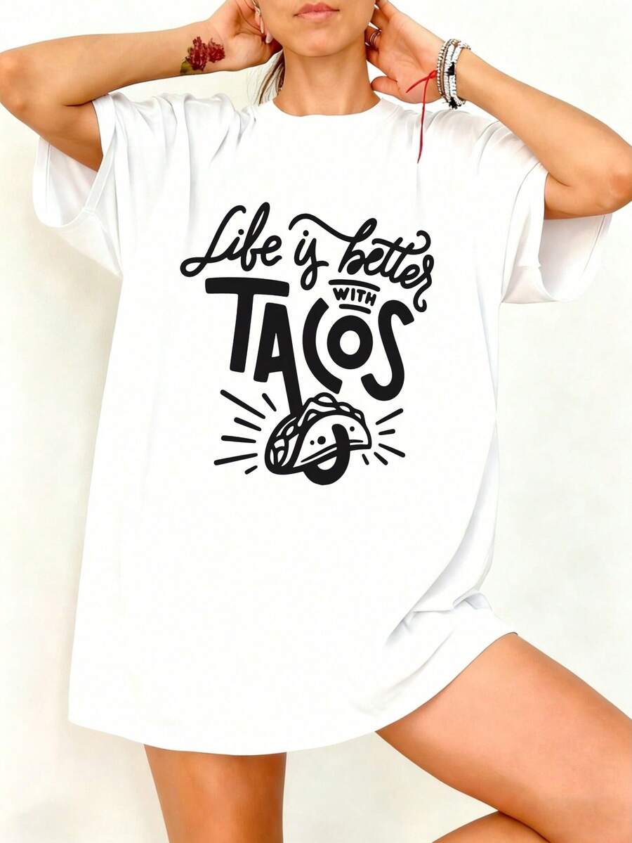 Camiseta Oversize Blanca Con Estampado Life Is Better With Tacos Para Verano - Blanco - Ver 1