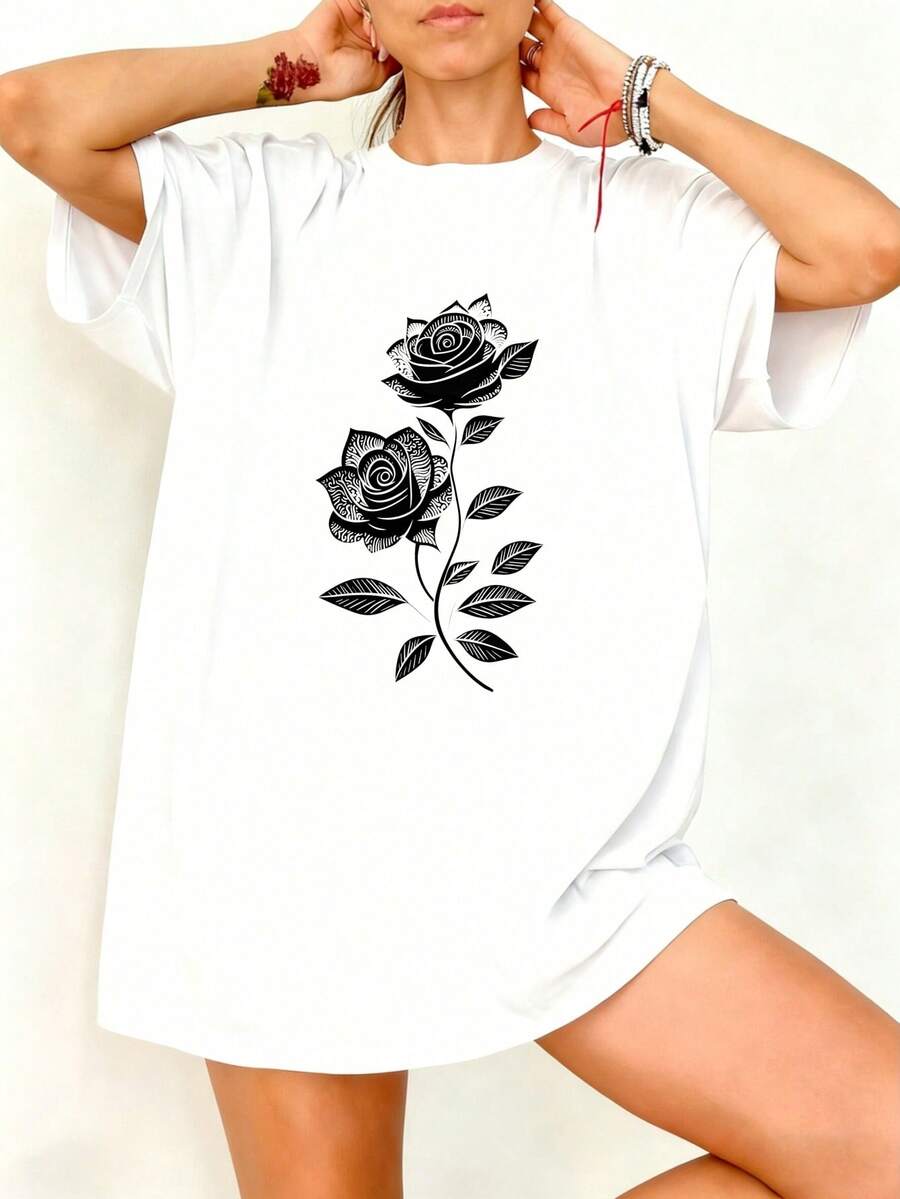 Camiseta Oversize Blanca con Estampado de Rosas Negras para Mujer Verano Casual - Blanco - Ver 1