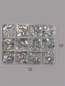 QIANJIKU Kotak 12 Slot, Warna Aurora Holografik AB, Rhinestone Kuku Datar Campuran, Rhinestone Berbentuk Kupu-kupu & Bulan, Suasana Transparan Peri, Angin Lembut Peri yang Manis, Set Dekorasi Seni Kuku DIY - MultiWarna - View 9