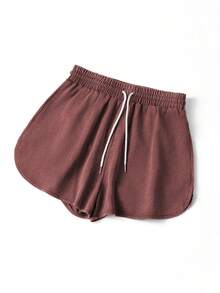 Letter Print Plus Size Crew Neck Loose Sweatshirt, Vacation Travel Beach, Casual Sports Elegant - Maroon Top + Reddish-brown Shorts - View 5