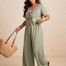 Elaquor Plus Size Women Floral Print Front Tie Short Sleeve Shirt And Wide Leg Pants 2 Pieces Set Resort Wear Women Vacation Outfit Women Bohemian Outfit For Women Casual Summer Outfits Women's Coordinated Set - Albaricoque - Ver 3
