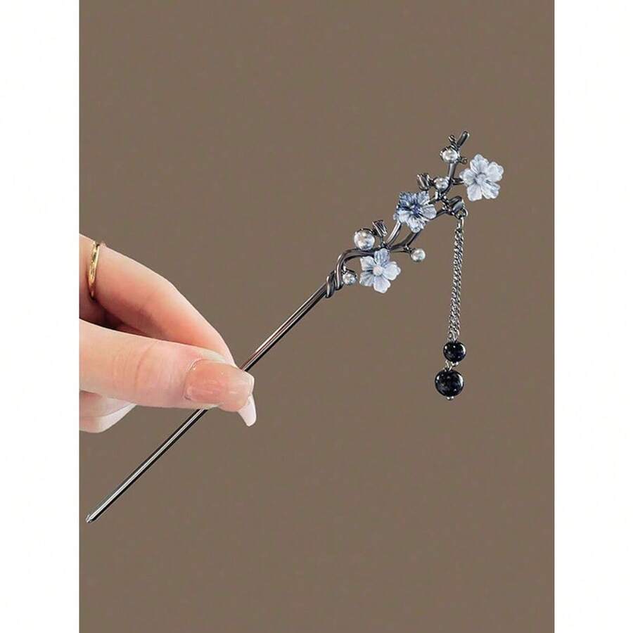 1pc Retro Chinese Style Wooden Hair Stick, Elegant Bun Accessory, Traditional Hanfu Hair Clip, New Chinese Hairpin Hair Decoration, Bun Extension, Hair Bun Maker, Bun Hair Piece, Hair Styling Pins, Pins For Hair, Bobby Pins, Hair Accessories, Head Accessories - 三墨花流蘇髮簪 - 查看 1