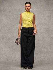 Body entero sin mangas de piel sintética PU para mujer, diseño cuello alto con fruncidos cruzados, estilo gótico elegante ideal para otoño y Halloween - Amarillo - Ver 4