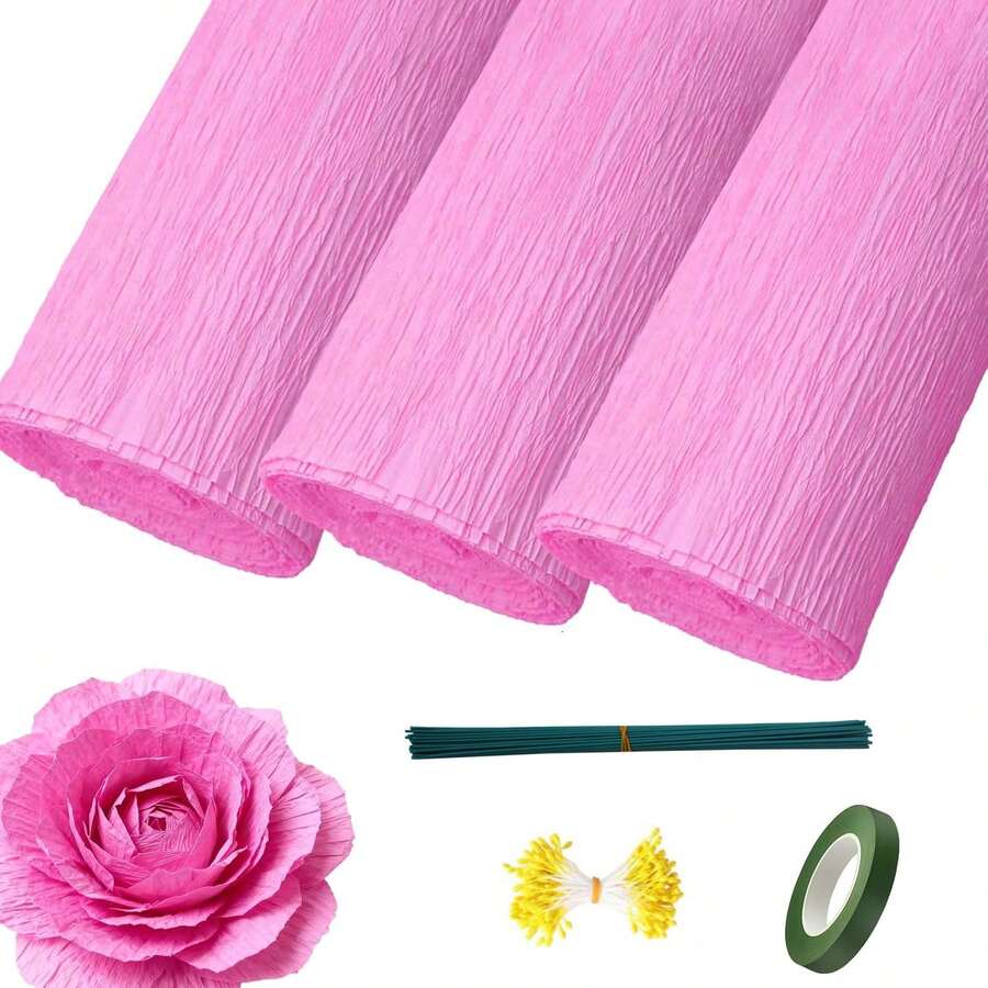 Giấy crepe với dây kẽm uốn hoa, nhụy hoa và băng dính màu xanh lá cây để tự làm quà tặng, hoa giấy nhiều màu sắc, đồ thủ công trang trí sinh nhật, đám cưới, ngày lễ, tiệc tùng. Có thể dùng làm quà tặng thủ công cho ngày cưới và Ngày của Mẹ.