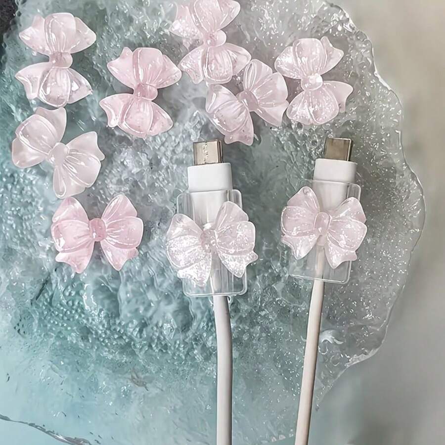 2/1pc Pink Bowknot Universal Data Cable Protector - Durable Anti-Breaking Fashionable Phone Accessory, Adorned With Cute Plastic Bowknot To Protect Charging And Data Cable, Charging Accessory, Phone Data Cable Protector, Cable Organizer, Device, Cute Apple Data Cable Protector, Crystal Bowknot Cable Guide, Soft Charging Cable Protector, Slightly Rigid Yet Highly Elastic