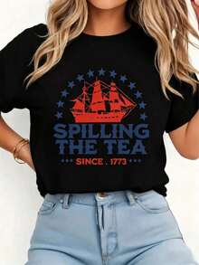 1pcsFunny 4th Of July Spilling The Tea Since 1773 Fourth Of July T-Shirt Print T-Shirt Casual Comfort Tee-Women Casual Going Out Tees - 黑色 - 查看 14