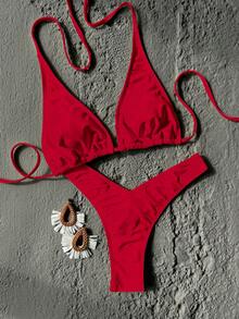 Bộ bikini 2 mảnh nữ đi biển mùa hè, màu vàng kem tươi, áo tam giác cổ yếm, quần cạp cao cắt cao dáng V, gợi cảm - Đỏ - Xem 5