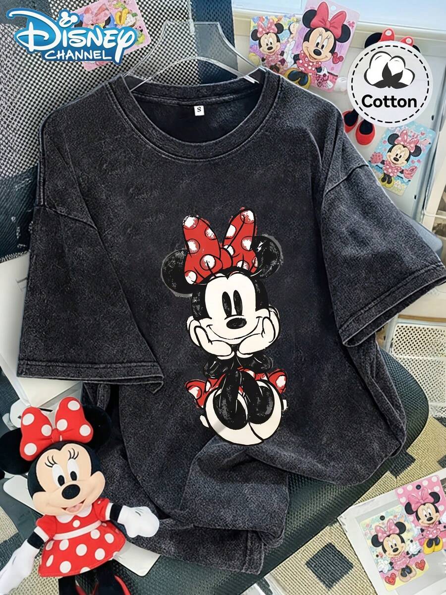 Disney Minnie Mouse Print Women's T-Shirt, Comfortable And Breathable Fabric, Women's Round Neck Short Sleeve Tee, Casual Vintage Women's Top - màu đen - Xem 1
