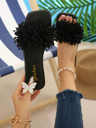 Sandalias planas de mujer con diseño floral, de punta abierta y unicolor, nuevas sandalias de playa de verano