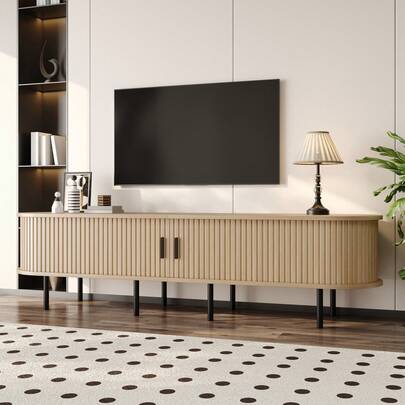 Rectangular TV Stand With Sliding Doors, 2 Open Compartments, Multimedia Unit For Living Room, Made Of MDF, Metal Legs, Rounded Corners, Modern Style