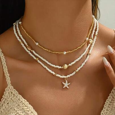 Women's 3-Piece Layered Necklace Set - Beach Shell And Starfish Pendants, Glass Bead Collarbone Chain With Gold Accents, Perfect For Summer Beach Vacations, Beach Accessories