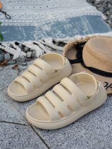 Women's Fashion Casual Comfortable Thick-Soled Slippers, Adjustable Heel Strap, Solid Color Minimalist Versatile Indoor Outdoor Sandals - Beige - View 3
