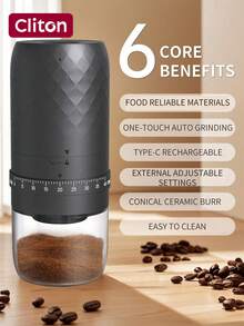 CLITON Portable Conical Burr Coffee Grinder, Small Cordless Electric Grinder, 40 Grind Settings, Rechargeable Coffee Bean Grinder For Espresso, Cold Brew, Pour Over, French Press, Home & Travel Use - Black - Multicolor - View 4