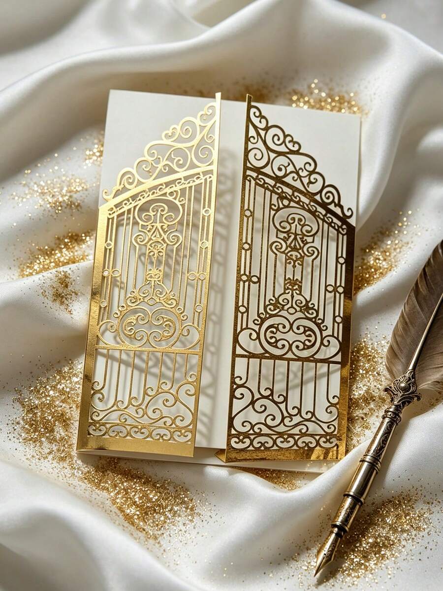 10pcs 5.1" X 7.1" Gold Metallic Laser Cut Folding Invitation Cards, Suitable For Wedding, Party, Christmas - Multicolor - View 1