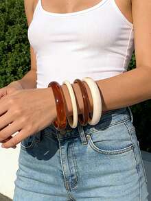 4pcs Vintage Casual Blue Acrylic Bangle Bracelet Set, Fashionable Tube Design Suitable For Daily Wear, Women Acrylic Material No Inlay Craftsmanship, Suitable For Daily, Party And Beach Occasions - Brown - View 4