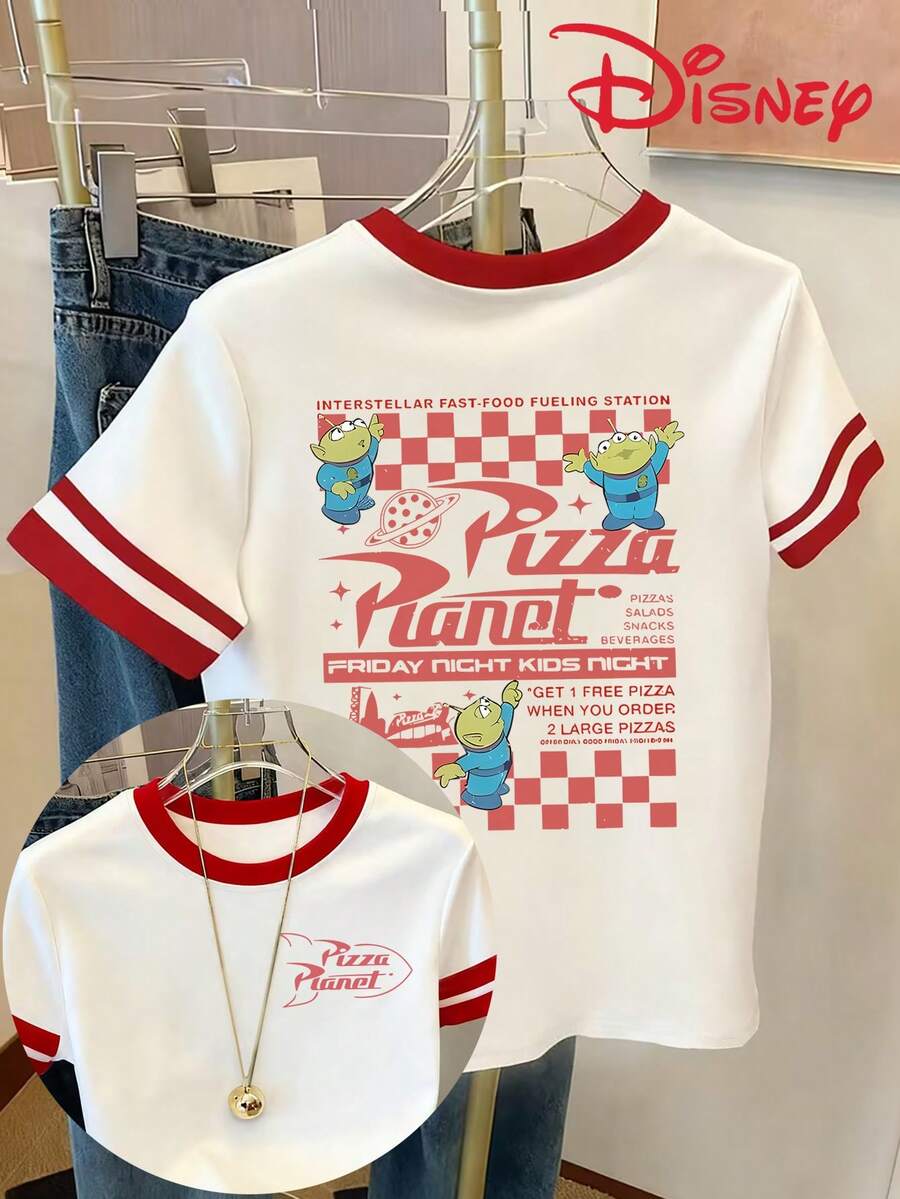 Women's Disney Toy Story Pizza Planet T-Shirt - Official Licensed / Print With Pizza Planet & Three-Eyed Alien, Casual Summer Outfits Suitable For Birthdays, Gifts, Themed Parties (Machine Washable) - White - View 1