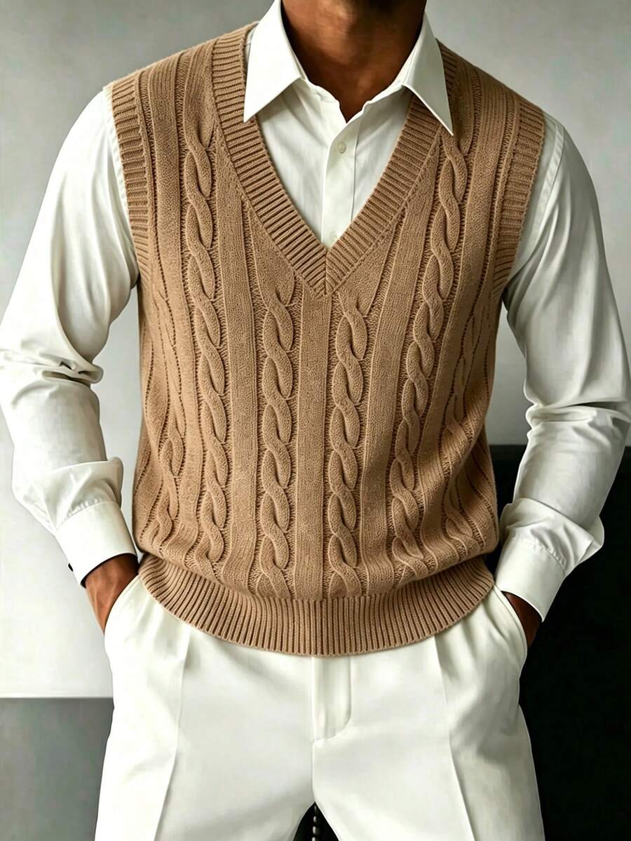 Men's V-Neck Knit Vest Sweater, Solid Color, Casual Daily Wear, Commuting - Camel - View 1