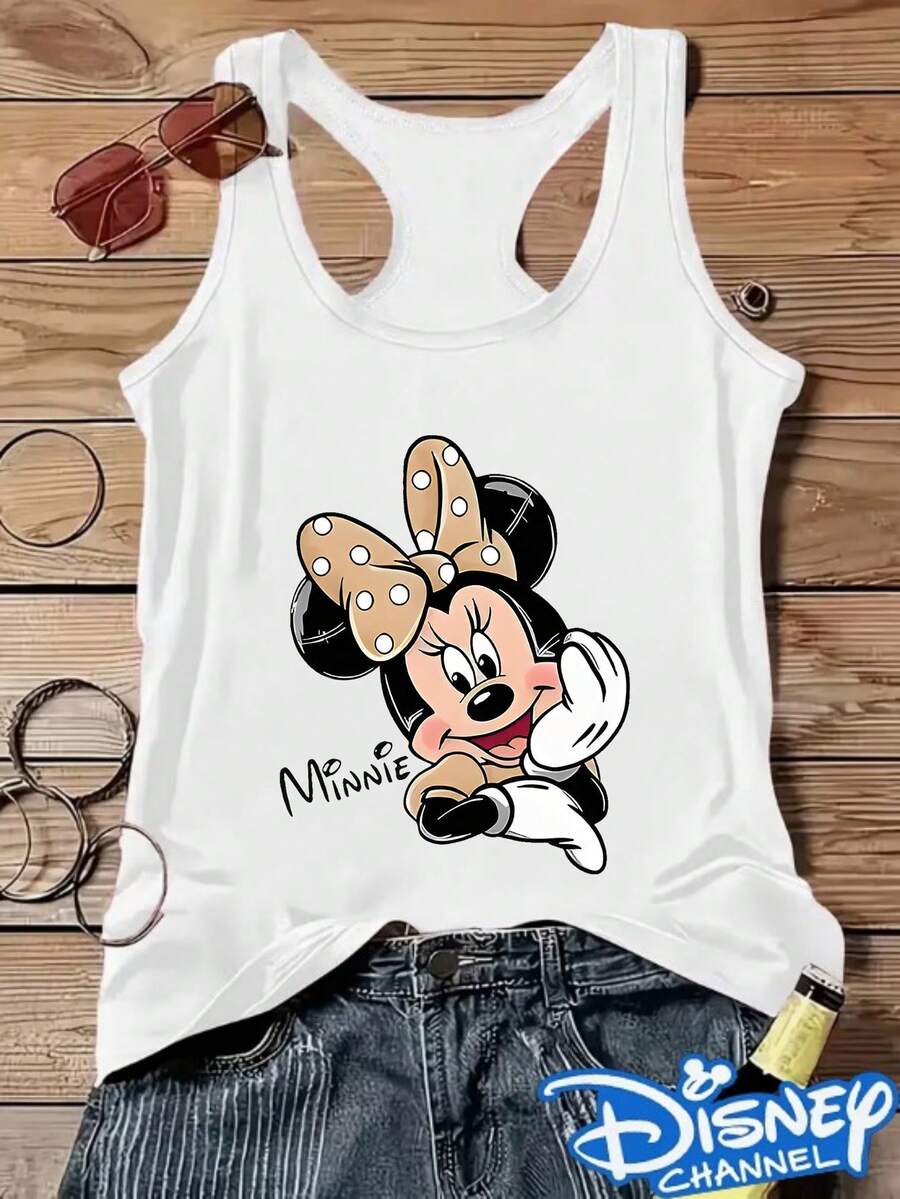 Disney Minnie Polka Dot Print, Women'S Round Neck Sleeveless Vest, Fashionable And Versatile Item Suitable For Home Travel, Comfortable And Loose Version Exclusive For Daily Use - White - View 1