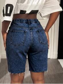 Plus Size Distressed Frayed Hem High Waist Washed Denim Shorts, Stretchy Fabric, Suitable For Dates, Outings In Summer, Sexy Retro Versatile All-Match Style Casual - Deep Blue - View 7
