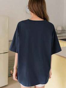 Camiseta de verano oversize con gráfico de letras y hombros caídos - Negro - Ver 8