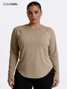 大码女式长袖运动上衣，带拇指孔，宽松透气吸湿排汗运动T恤 - 卡其色 - 查看 11